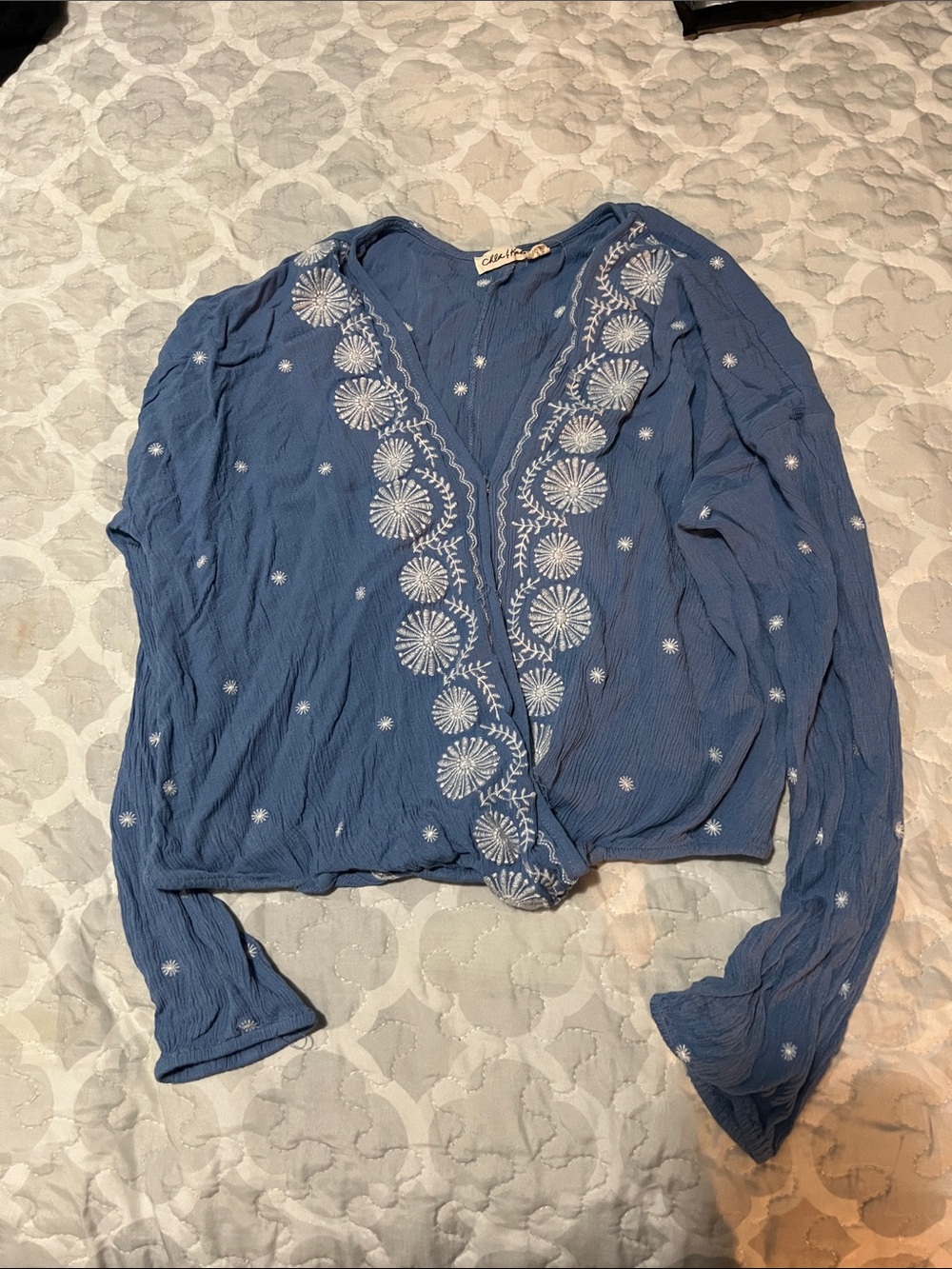 Chloe & Katie Dusty Blue Embroidered V-Neck Blouse